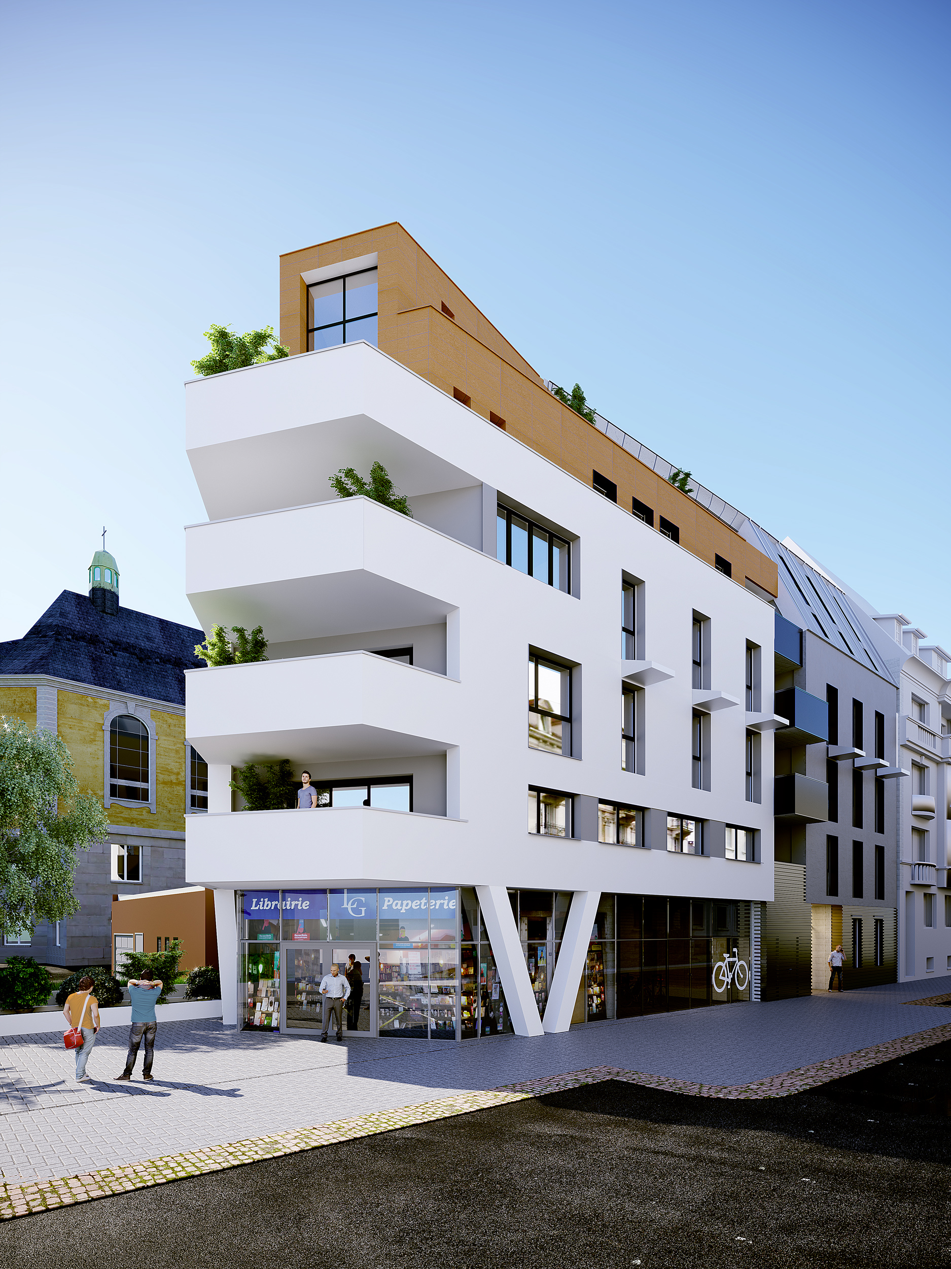 Immeuble moderne avec un rez-de-chaussée abritant une librairie et papeterie. Balcons avec plantes sur plusieurs niveaux, situé sur une rue animée.